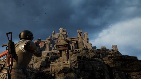 A screenshot from Kingmakers showing a player aiming at a large stone castle under a cloudy sky.