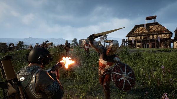 Kingmakers screenshot: A knight with a sword and shield faces a soldier with a flamethrower in front of a rustic building.