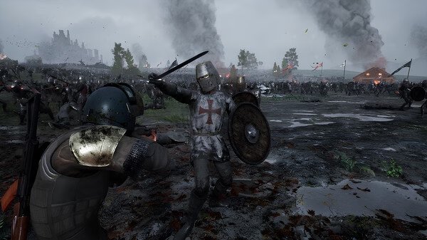 Kingmakers screenshot: A knight with a shield and sword confronts an armored soldier in a battlefield with smoke and flags.