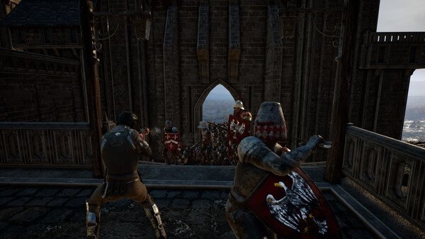 Kingmakers screenshot: Players in medieval armor clash at a castle gate, preparing for battle against incoming foes.