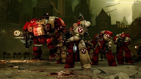 Total War: WARHAMMER 40,000 screenshot: Space Marines and a towering Dreadnought in a battle scene with gothic architecture in the background.