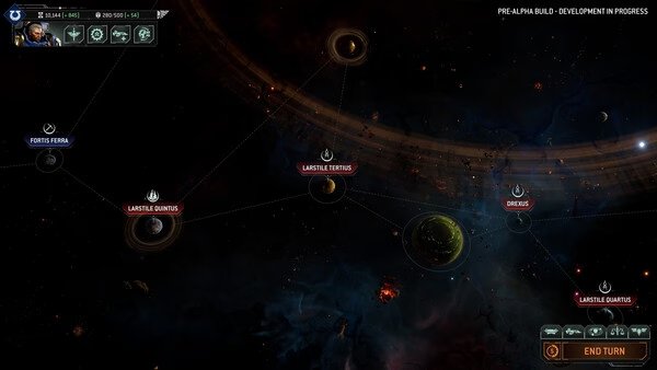 Screenshot from Total War: WARHAMMER 40,000 showing a galactic map with planets, connecting routes, and an "End Turn" button visible.