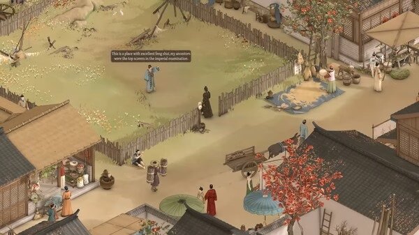 A screenshot from "The Bustling World" showing a lively village scene with NPCs interacting in an autumn setting.