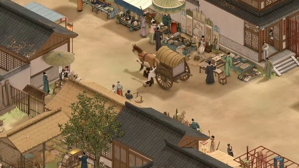 Screenshot of The Bustling World showing a busy marketplace with merchants, shoppers, and a horse-drawn cart.