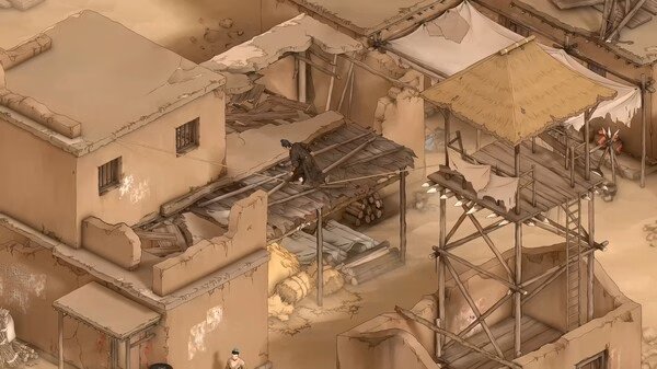 Screenshot from The Bustling World showing a character navigating a dilapidated rooftop in a desert village setting.