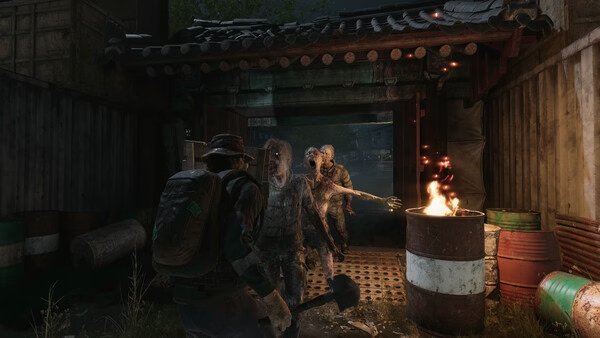 Screenshot from NAKWON: LAST PARADISE showing a player confronting a group of zombies near a burning barrel at night.