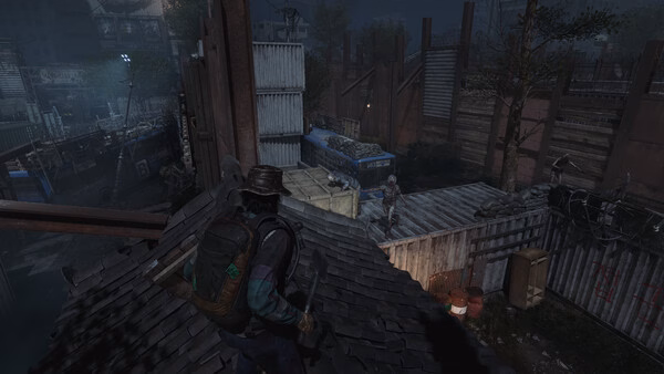 Screenshot from NAKWON: LAST PARADISE showing a character on a rooftop overlooking a fenced area with shipping containers at night.
