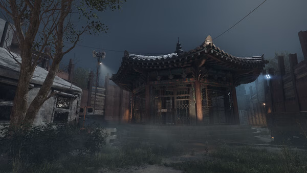 Screenshot from NAKWON: LAST PARADISE showing a misty scene with a traditional Korean building surrounded by trees.
