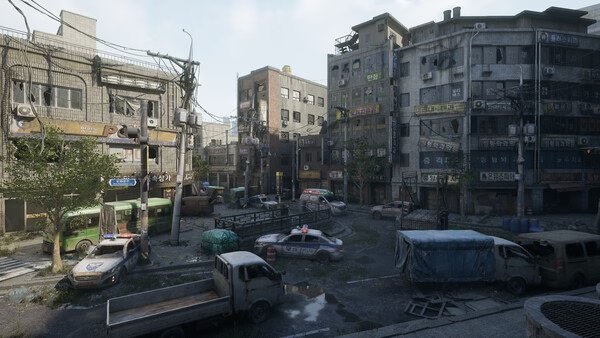 Screenshot from NAKWON: LAST PARADISE showing a detailed urban street with abandoned vehicles and dilapidated buildings.