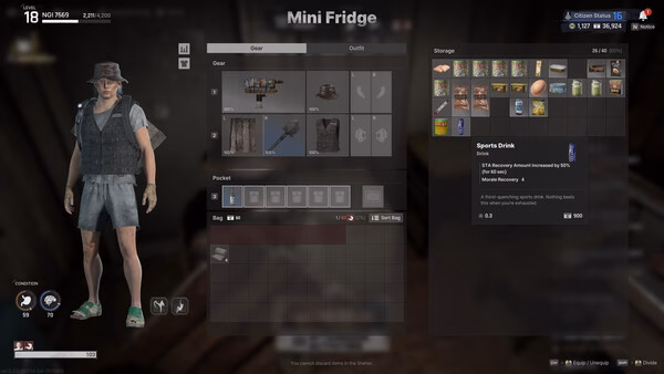 NAKWON: LAST PARADISE screenshot showing a character near a fridge with inventory items like sports drink and canned food.