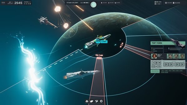 Falling Frontier screenshot: Spaceships engage in combat near a planet, with interface showing ship stats and crew information.
