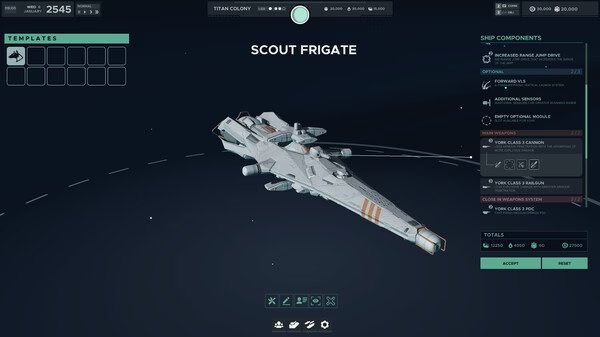 Falling Frontier screenshot: A scout frigate is displayed in the ship customization interface, showing various components and stats.