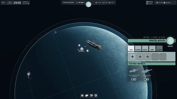 Falling Frontier screenshot: A spaceship orbits near Enceladus moon, with a UI displaying resources, docked vessels, and colony stats.