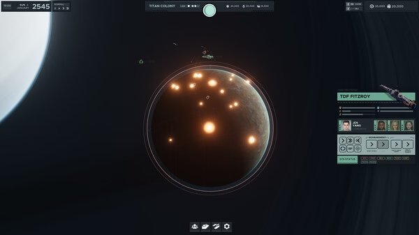 Falling Frontier screenshot: A planet with glowing lights is visible, alongside a spaceship and interface elements in the game.