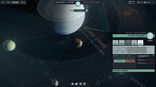 Falling Frontier screenshot: Space interface showing Titan Colony with planets, route details, and docked vessels information.