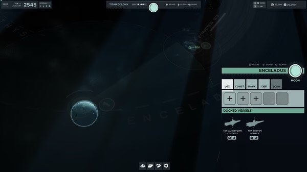 Screenshot from Falling Frontier shows Enceladus moon interface, detailing docked vessels and various operational controls.
