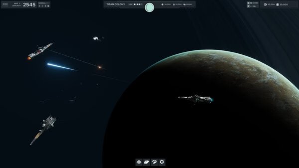 Screenshot from Falling Frontier showing spacecraft near a planet with weapons firing, and UI elements visible at the top.