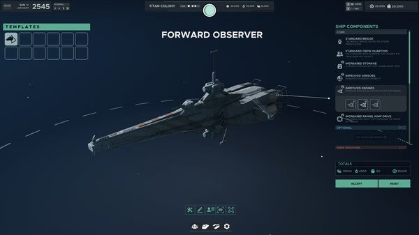 Falling Frontier screenshot: A detailed spaceship with components menu visible, orbiting in a dark space setting.
