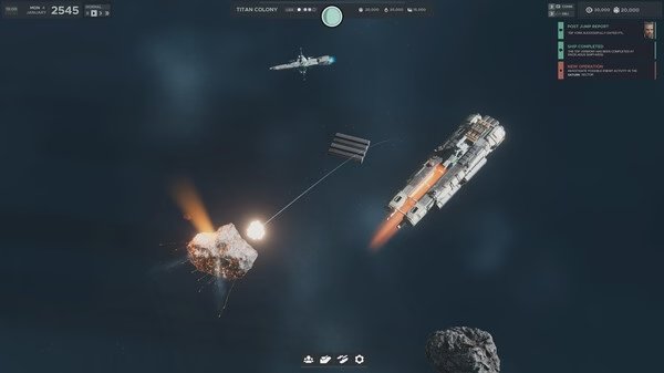 Falling Frontier screenshot: A spaceship maneuvers near asteroids and a satellite, with a menu on the right displaying current objectives.