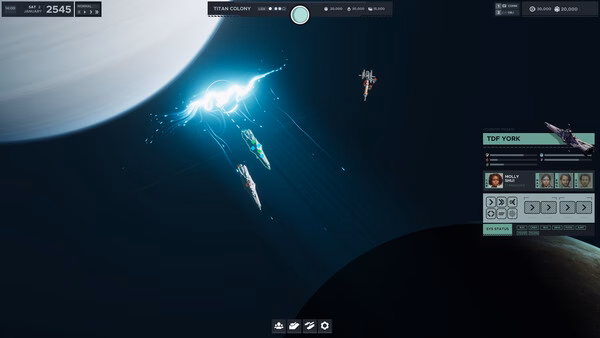 Screenshot of Falling Frontier showing three spaceships near a large planet, with a control panel visible on the right.
