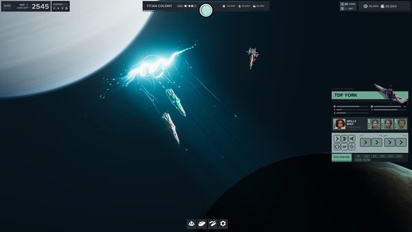 Screenshot of Falling Frontier showing three spaceships near a large planet, with a control panel visible on the right.
