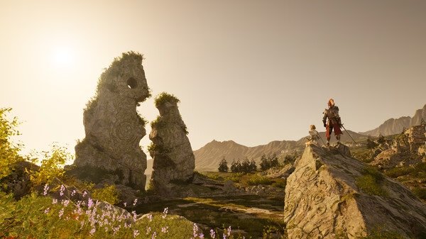 Screenshot from Vindictus: Defying Fate showing two adventurers on a rocky path surrounded by ancient stone formations and wildflowers.