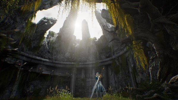 Screenshot from Vindictus: Defying Fate showing a character with a sword in a lush, sunlit ancient ruin.
