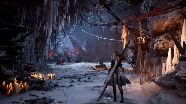 A screenshot from Vindictus: Defying Fate shows a character with a large sword exploring an icy cavern lit by candles.