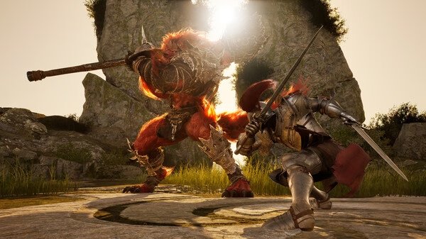 Screenshot from Vindictus: Defying Fate showing a warrior battling a large, red monster wielding a giant weapon in a grassy arena.