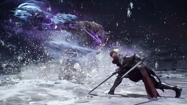 Screenshot from Vindictus: Defying Fate showing a warrior battling a large, ethereal dragon in a snowy landscape.