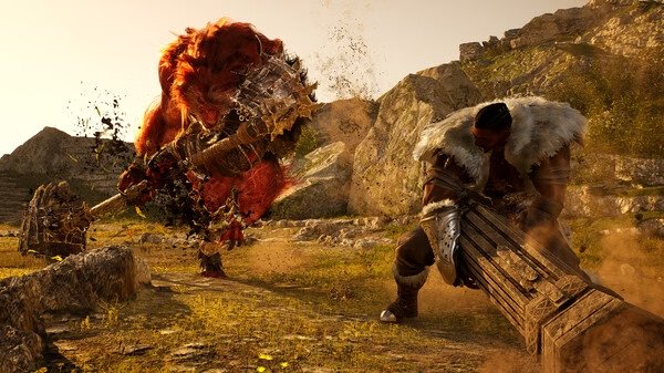 Vindictus: Defying Fate screenshot of a warrior clashing with a giant monster in a rocky, grassy landscape.