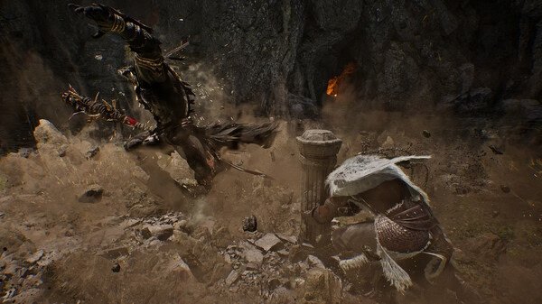 Screenshot from Vindictus: Defying Fate showing two characters in dynamic combat amidst a rocky terrain with dust and debris swirling around.