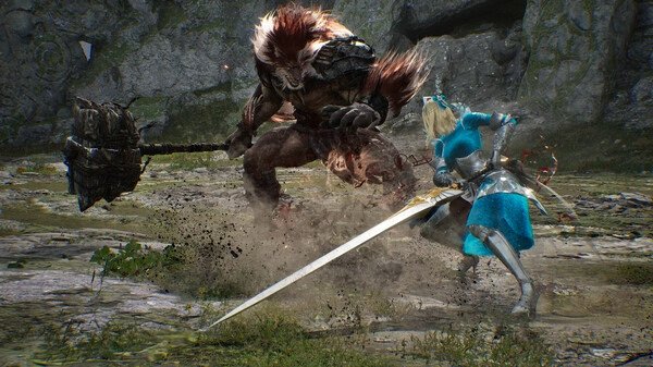 Screenshot from Vindictus: Defying Fate showing a warrior in blue armor battling a large creature with a hammer.