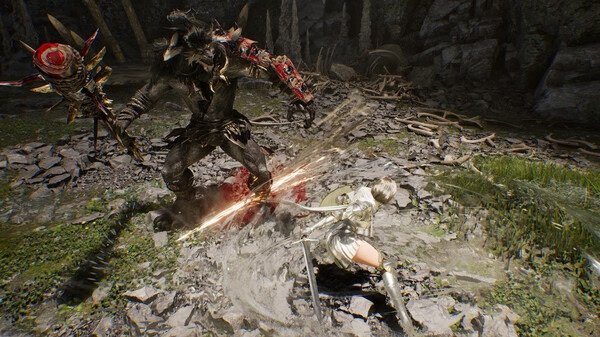 Screenshot from Vindictus: Defying Fate showing a fierce battle between a knight and a monster in a rocky, forested area.