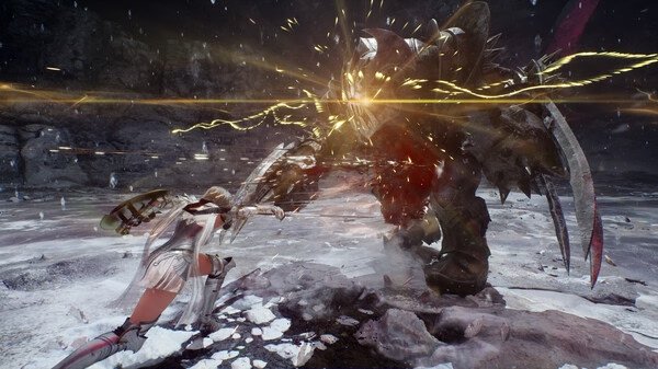 Screenshot from Vindictus: Defying Fate shows a warrior in battle stance facing a large armored creature amidst icy terrain.