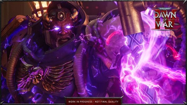 Warhammer 40,000: Dawn of War IV screenshot showing a heavily armored character wielding glowing purple energy.