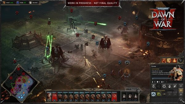 Screenshot from Warhammer 40,000: Dawn of War IV showing a chaotic battlefield with multiple units and mechs engaged in combat.