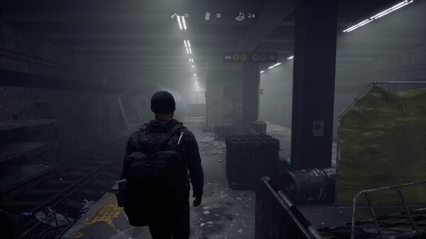 Screenshot from 'Rooted' showing a lone figure in a dimly lit, abandoned subway station with scattered debris.