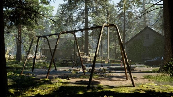 Screenshot from 'Rooted' showing an overgrown playground with rusted swings, surrounded by dense trees and abandoned cars.