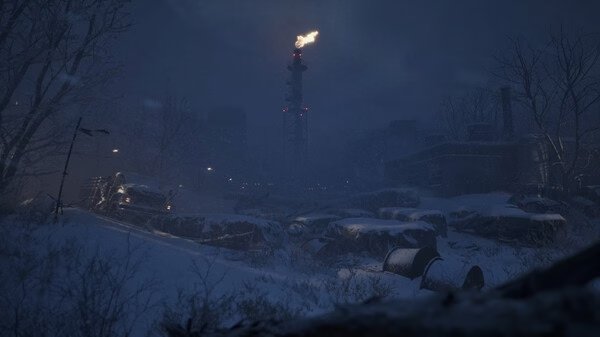 ILL screenshot: A snowy landscape with a burning tower in the distance, surrounded by trees and industrial buildings.