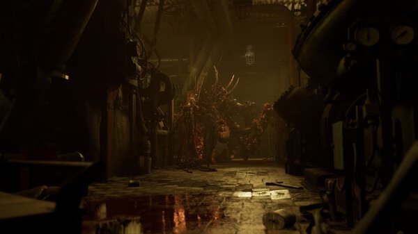 A screenshot from the game ILL showing a dark industrial hallway with a grotesque, spiked creature approaching.