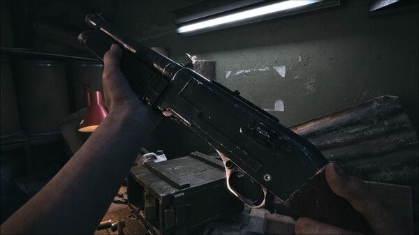 A screenshot from the game ILL showing a close-up of a shotgun being held, set in a dimly lit room with scattered items.