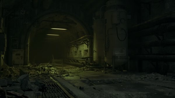 Screenshot from the game ILL showing a dimly lit, eerie underground tunnel with debris and industrial pipes.