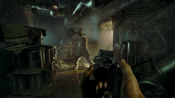 ILL screenshot: A player holds a weapon, facing a menacing figure in a dimly lit, cluttered basement with pipes overhead.