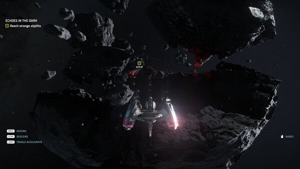 Screenshot from The Expanse: Osiris Reborn showing a spaceship navigating through an asteroid field with mission prompts on screen.