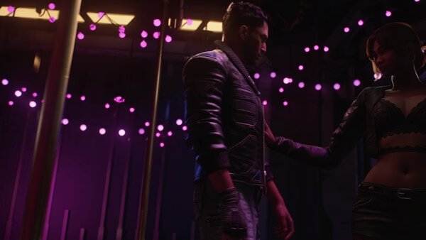 Screenshot from The Expanse: Osiris Reborn showing two characters in a dimly lit room with pink lights overhead.