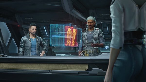 The Expanse: Osiris Reborn screenshot. Three characters stand in a futuristic control room with a glowing holographic display in the background.