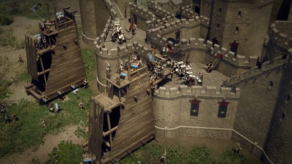 Screenshot from Anvil Empires showing siege towers and soldiers attacking a stone fortress wall.