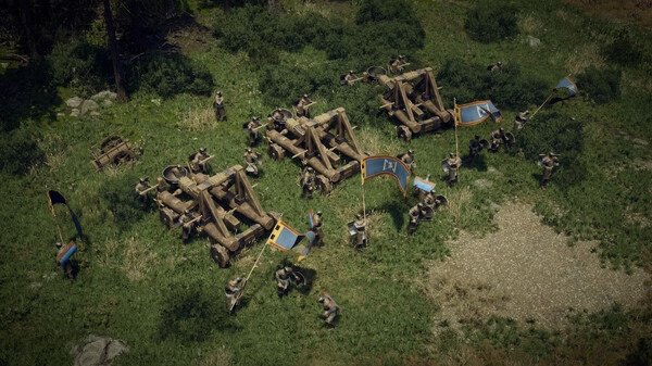 Screenshot from Anvil Empires showing soldiers and catapults positioned in a grassy field.
