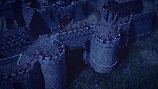 Screenshot from Anvil Empires: soldiers stand guard on a castle wall under a night sky, ready for battle.